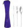 Ny 3st/Lot Knife Fork Spoon Set Cutrow Set Table Provey Dinner Lunch Set Väskor Skriv ut snidning av rostfritt stål bestick skolpicknick camping ätverktyg grossist