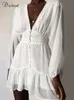 Casual Dresses DICLOUD Sexy Summer For Women Plunge V Neck White Lace Long Sleeve Mini Wedding Party Dress Ruffle Elegant Clothing 221119