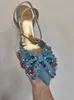 2023 Summer Brand New Crystal Bow Denim Design Fashion Tope Tose High Heel Gold Sandals Sandals Woman Party Buty