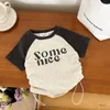 T shirts Children T Shirt Slim 2023 Summer Korean Styles Letter Printed Girls Fashion Drawstring Spice Short Sleeved Casual Top 230626