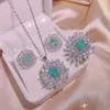 Halskette Ohrringe Set Elegant Paraiba Edelstein Schmuck Silber Farbe Grün Zirkon Anhänger Halsketten Öffnungsringe Für Frauen Zartes Kleid