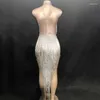 Stage Wear Glisten Strass Stretch Body Argent Long Gland Costume Femmes Anniversaire Célébrer Danse Luxueux Outfit DNV10286