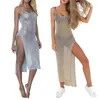 Casual jurken vrouwen sexy zomer zonnebrand sloer mesh bikini bedek metallic solid color backless high spleet strandclub feestje mouwloos