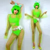 Trajes de palco Sexy Feminino Trajes de DJ Verde Fluorescente Perspectiva Net Tops Calças Femininas Maiô Boate Gogo Roupas de Dança Rave DNV14901