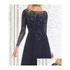 Mother'S Dresses Top Selling Elegant Navy Blue Mother Of The Bride Chiffon Seethrough Long Sleeve Sheer Neck Appliques Sequins Eveni Dhl2N