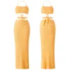 Deux pièces robe femmes jupe tricotée ensembles vêtements d'été mode cravate licou gilet haut court et croix serré long costume Sexy Club 230627