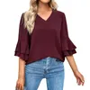 Women's T Shirts Women's Summer European And American Solid Loose V Neck Ruffle Shirt For Juniors Long Sleeve Women Fit