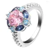 Anillos de racimo Ufooro, anillo de boda de lujo rosa y azul para mujer, joyería con incrustaciones de circón, brillante, moda elegante, gota de princesa Bague