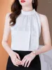 Kvinnors blusar Fashion Women Blue Elegant Satin Summer 2023 Ärmlös Löst tryck Halter Pullover Top Office Lady Formal Shirts