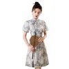 Abbigliamento etnico Stile cinese Giovane Cheongsam migliorato Estate Stampa in chiffon con diamanti Abito aderente aderente per le donne Colletto corto