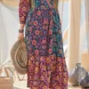 Basic Casual Jurken Katoen Linnen Dres Elegant Romantisch Boho Schuine hals Bloemen Paneeljurk Lady Fashion Lange mouw 230626