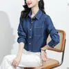 Blouses pour femmes femmes Blouse printemps automne chemises décontractées mi-longueur à manches longues Denim poche unique hauts chemise Blusa Mujer