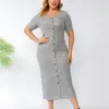 GIBSIE Plus Size Button Front Solid Ribknit Long Dres Summer Short Sleeve Office Casual Slim Fit Bodycon Pencil Dress 220526