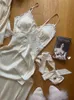 Günlük Elbiseler Sonbahar Ipek Seksi Askı Kadın Kore Zarif Uzun Bölünmüş Patchwork Dantel Moda V Boyun 23327