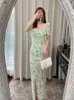 Neues S-elf Portrait Floral Green Square Neck High Waist Long Dress Kurzarmkleid
