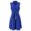 Women Dresses Sleeveless Notched Solid Navy Blue With Bow Sashes Summer A-line Beach Office Dress Plus Size 5XL Party Vestidos 210611