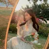 Elegante dulce vestido retro de manga larga de gasa con cuello en V vestidos florales fiesta vestido de playa para mujeres estilo coreano verano 220526
