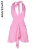 Casual Dresses Boofeenaa Y2K Pink Backless Drop Midjeklänning Asymmetrisk Ruched Deep V Halter Mini Women Sexy Club Outfits C82CC22 23425