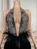 Stage Wear Sparkly Crystal Halter Backless Rhinestones Black Feather Velvet Dress Sexy Party Birthday Performance Host