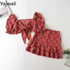 Yojoceli Sexy Bow Ruffle Krótki Dres Dwuczęściowy set Summer Elegancki kwiatowy druk na plaży Sukienka Casual Codzienna sukienka Vestidos 220526