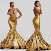 Gold Velvet Mermaid Prom Dresses Keyhole Neck Backless Court Train See Through Lace Applique Evening Formal Gowns