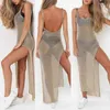 Casual jurken vrouwen sexy zomer zonnebrand sloer mesh bikini bedek metallic solid color backless high spleet strandclub feestje mouwloos