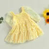 Kız Çocuk Elbiseleri Pudcoco Bebek Kız Bebek Prenses A Line Elbise Zarif Papatya Baskı Uzun Kollu Örgü Tül Parti Yürümeye Başlayanlar için 3 M 3 T 230626