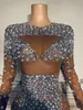 Stage Wear Shining Silver Rhinestones Brown Mesh Long Dress Evening Celebrate Show Grown Sexy Sleeves Costume Prom Party Outfit