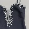 Sexy tiefe V-Frauen Dame schwarz einteiliges Kleid Sommer Party Club Blingbling Strass Minikleider MST0320