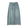 Skirts Retro Washed Denim Women 2023 Elegant Office Lady Blue A-Line Long Summer High Waist Jean Maxi Skirt