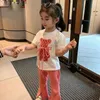 Kläderuppsättningar 2023 Est Summer Teens kläder Set Sport Bear Print Cotton Crop Top T Shirt Wide Long Pant Suit Korea Child Tracksuit 230626