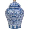 Decorative Objects Figurines Goldplated Ceramic Tea Jar Vintage Blue and White Porcelain Sealed Storage Moistureproof Candy Food Pot Container 230627