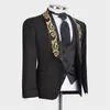 Men's Suits Gold Appliqued Costume Homme Black Slim Fit Men 3 Pcs Wedding Tuxedos Groom Prom Terno Masculino Blazer Jacket Pant Vest
