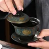 Verres à vin Chinois Teaset Classique Gaiwan Tasses À Thé Noir Argile Soupière 180 ml Couvercle Bol Soucoupe Traditionnel À La Main Brew Cup 230627