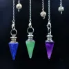 Pendentifs Pierres Naturelles Pendule pour Radiesthésie Chaîne de Divination Colonne Hexagonale Couleur Argent Pendentif Cône Reiki Pendule