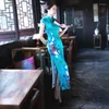 Ethnic Clothing Women's Imitation Silk Double Layer Cheongsam Long Dresses Royal Blue Slim China Shanghai Qipao 4XL Plus Size Oriental