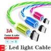 3.3ft /6ft 3A LED -glödflödande magnetiska laddare Kablar Mikro Typ C -kabel Samsung Android lysande magnetladdning med OPP -väska