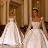 Glamorous Ball Gown Wedding Dresses Square Shining Applicants Sequined Long Sleeves Plaets Chapel Gown Backless Custom Made Plus Size Bridal Gown Vestidos De Novia