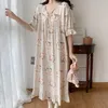 Vêtements de nuit pour femmes Pyjamas de style coréen pour les femmes d'été Impression ample à manches courtes Col en V Robe de nuit à volants Robe de nuit pour femmes Nighty