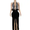 Stage Wear Sparkly Crystal Halter Backless Rhinestones Black Feather Velvet Dress Sexy Party Birthday Performance Host