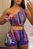 Two Piece Set Womens Tracksuit 2023 Summer Fashion Clothes Striped Paisley Print Sets One Shoulder Tank Top And Shorts Outfits