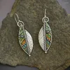 Dangle Earrings Women's Fashion Long Drape Abstract Iridescent Green Leaf With Artificial Wood And Serrated Inlaid Beads