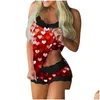 Vêtements de nuit pour femmes Ensemble de pyjama en dentelle sans manches Garniture Bowknot Pyjama Short de nuit Costume Pijama Spaghetti Strap Femmes Sexy Nuisette Dhy6E