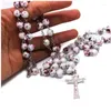 Pendanthalsband 8mm Cross Pink Spotted Rosary Halsband Katolska Christian Party Wedding Prayer Bön Pärla Religiös kedja smycken