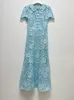 Nieuwe S/elf Portret Mist Blue Doll Neck Bow Lace Waist Sweetheart Dress High Grade Heavy Duty lange jurk