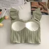 Serbatoi da donna camisole arruffato per donne estate solido a collo quadra senza maniche a filo elastico in vita elastico con il reggiseno dolce carro armato coreano