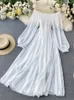 Casual Dresses LY VAREY LIN Spring Autumn Women Elegant Holiday Puff Sleeve Slash Neck Off Shoulder Smocked White Chiffon 23327