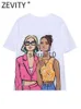 T-Shirt Femme Zevity Été Femmes Mode Double Filles Imprimer Tricot Casual T-shirt Femme Basique O Cou À Manches Courtes Chic Blanc Tops T1257 J230627