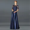 Élégant bleu marine mère de la mariée robes une ligne satin demi manches appliques longues marié marraine robes de soirée pour les robes de soirée de mariage robe soriee