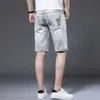 Jeans masculino designer de marca Trendy shorts jeans para homens azul verão fino lavado bordado cinza fumaça cinco pontos ins VKG0 1E9N